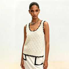 Chanel  26p Women's Spring/summer Holiday-style Openwork Knitted Colour-blocked Lace-trimmed Tank Top Vest Lady #82926A