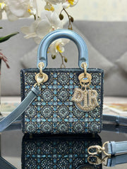 Dior Classic Diamond-quilted Embroidered Blue Metallic D.I.O.R. Charm Cowhide Leather Handle Clutch Crossbody Bag Princess Diana-style Bag Bags #196495