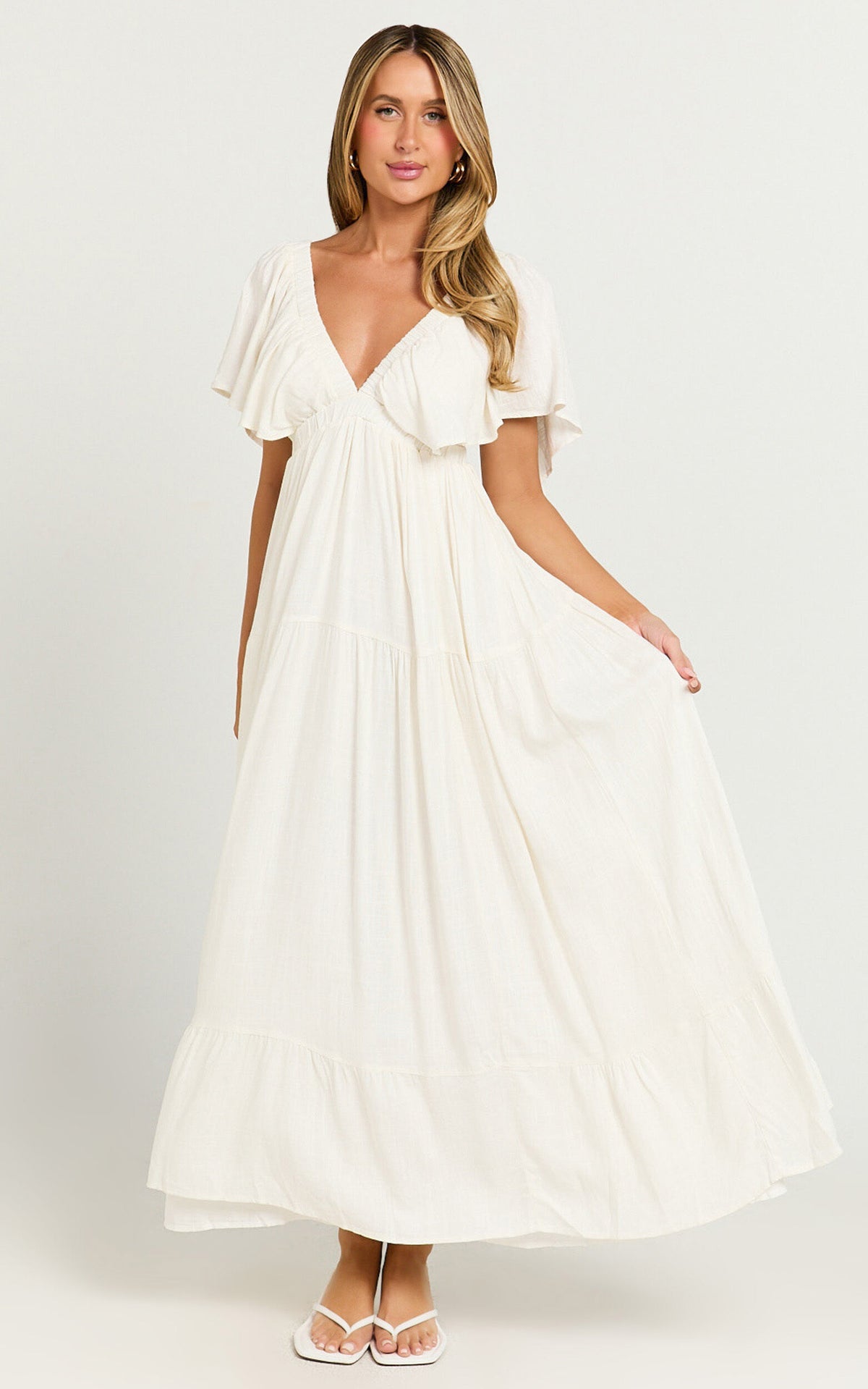 Lyrad Midi Dress - Linen Empire Waist Textured Dress in White