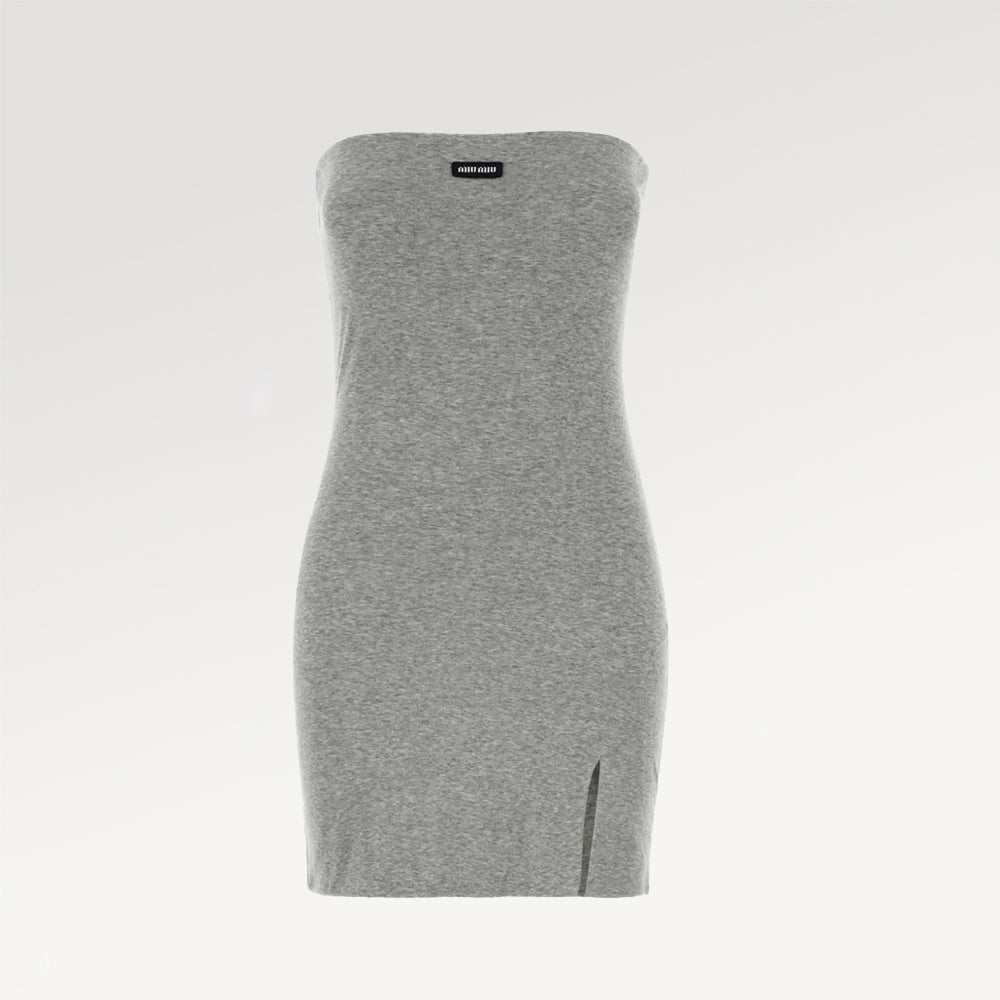 MiuMiu Women's New Arrival Gray Strapless Short Dress With Side Slit Strapless Body Hugging Silhouette Asymmetrical Side Slit Slim Fitting Layering Friendly Dress Lady #197339