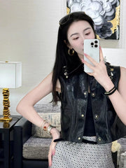Chanel Women's Spring And Autumn Fashion Lapel Multi-Pocket Leather Sleeveless Vest Jacket #71743