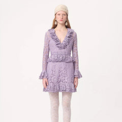 Valentino Women's Spring And Autumn Heavy Lace V-Neck Solid Color Fit Short Long Sleeve Dresses Ngvp #9732
