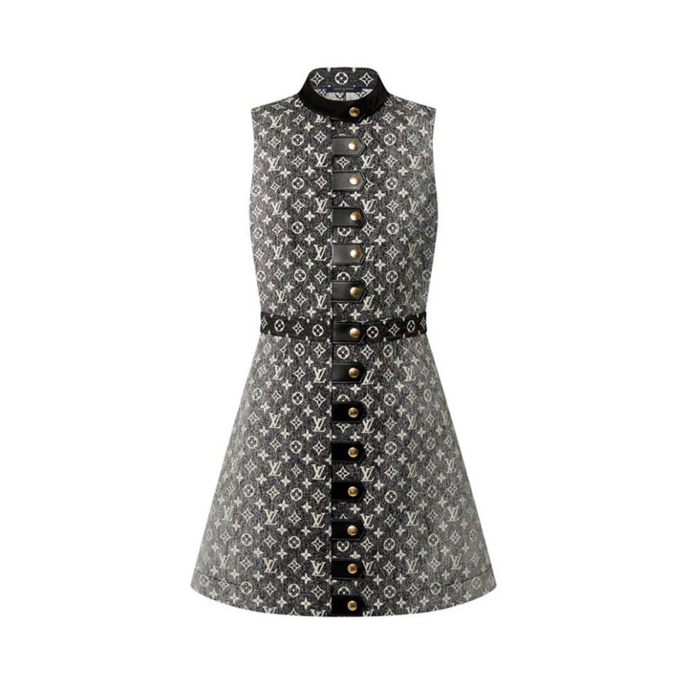 Louis Vuitton Monogram Denim Button Tab Dress Women's Leather-trimmed Sleeveless Short Dress Stylish Elegant And Refined Casual Dresses #82421A