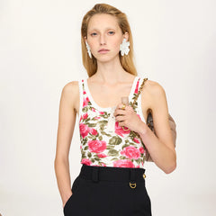 Chloe 26 Early Spring New Arrival Rose-print Cotton Knit Henley-style Crew Neck Women's Elegant And Delicate Tank Top Lady Vest # 196980