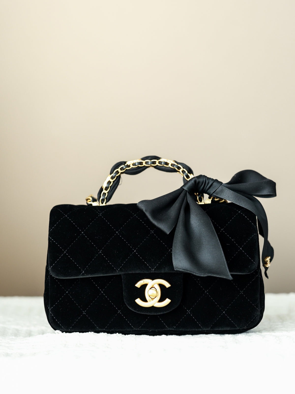 Chanel Mini Flap Bag With Top Handle Velvet Silk Gold-tone Metal Black #193594