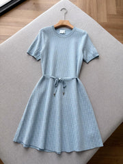 Dior Oblique Women's Beige Blue And Navy Jacquard Fitted A-line Dress With Bell Sleeves Short Sleeve Satin Belt And Cd Letter Knit Dress Lady #84131A