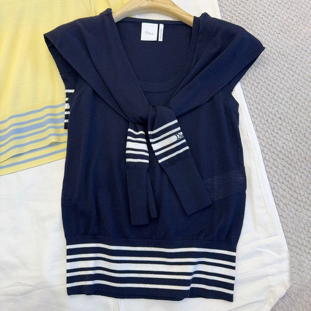 Dior 2026 New Arrival Women's Summer Shawl-neck Striped Knit Tank Top Navy-style Fashionable Simple And Casual Vest Lady #196735