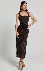 Karlene Midi Dress - Ruched Corset Burnout Dress in Black and Brown