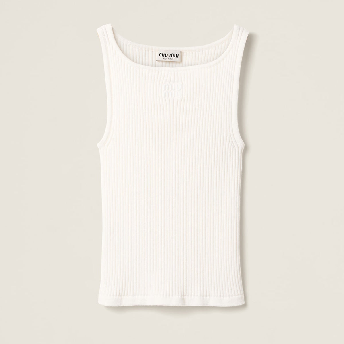 MiuMiu Women's Embroidered Knit Tank Top Vertical Stripes Soft Stretch Simple White Vest Tank T-Shirt #193206