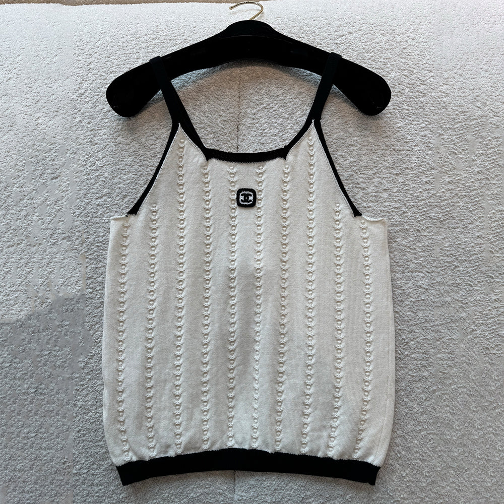 Chanel Women's Spring/summer Color-block Jacquard Knit Tank Top Fashionable Resort-style Casual Spaghetti-strap Knit Tank Lady Vest #82729A