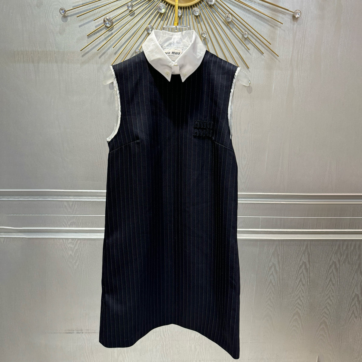 MiuMiu Women's Spring/summer Pinstripe Mini Dress Comfortable Fashion Lapel Sleeveless Straight Dresses #71963