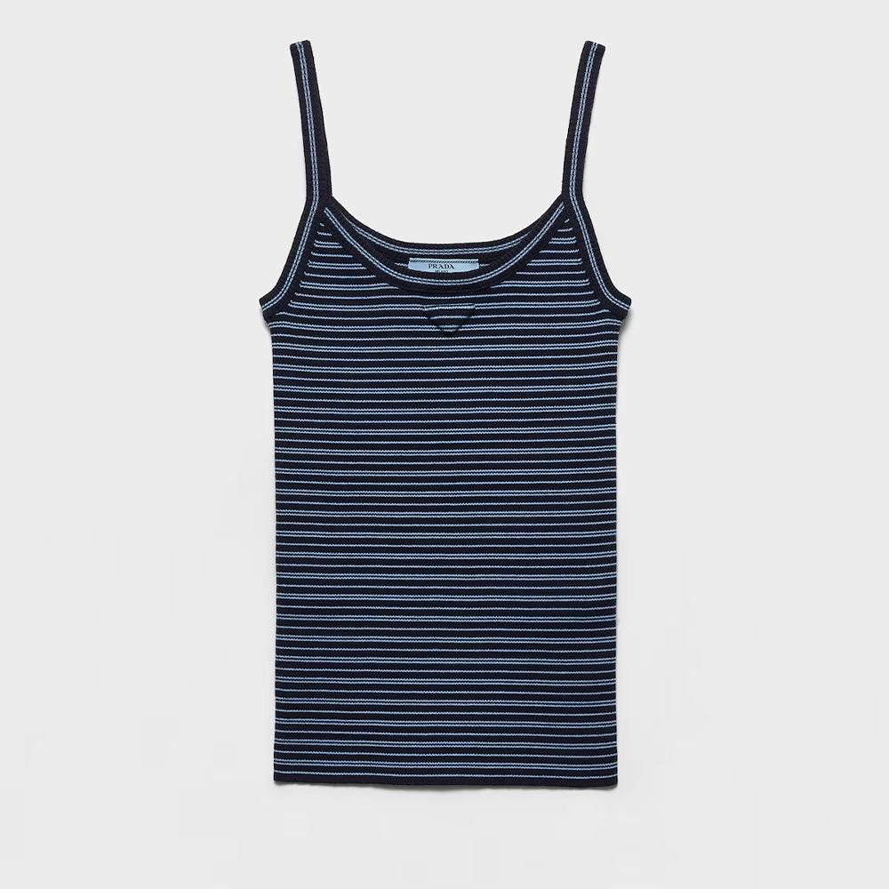 Prada Women's Spring/Summer 26 New Arrival Cotton Striped Tank Top Retro Color-Block Striped Pattern Stretch Slim-Fit Tank T-Shirt Lady Vest  #195519