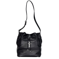 Chrome Hearts Black Drawstring Crossbody Bag With 925 Sterling Silver Hardware Spacious Stylish And Vintage-inspired Bucket Bags #196260