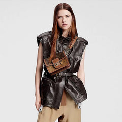 Louis Vuitton Women's Spring And Autumn Dark Curry Casual Loose Sleeveless Sheepskin Jacket Belt Lapel Vest Jacket Ngvp #8188