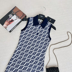 Fendi Women's Summer Blue Letter Printed Cotton Sleeveless Dresses #73433