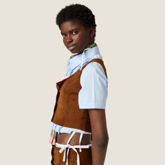 MiuMiu 2026 New Women's Brown Suede Crop Top With Metallic Buttons Retro And Fashionable High Waisted A Line Silhouette Vest Lady #197338