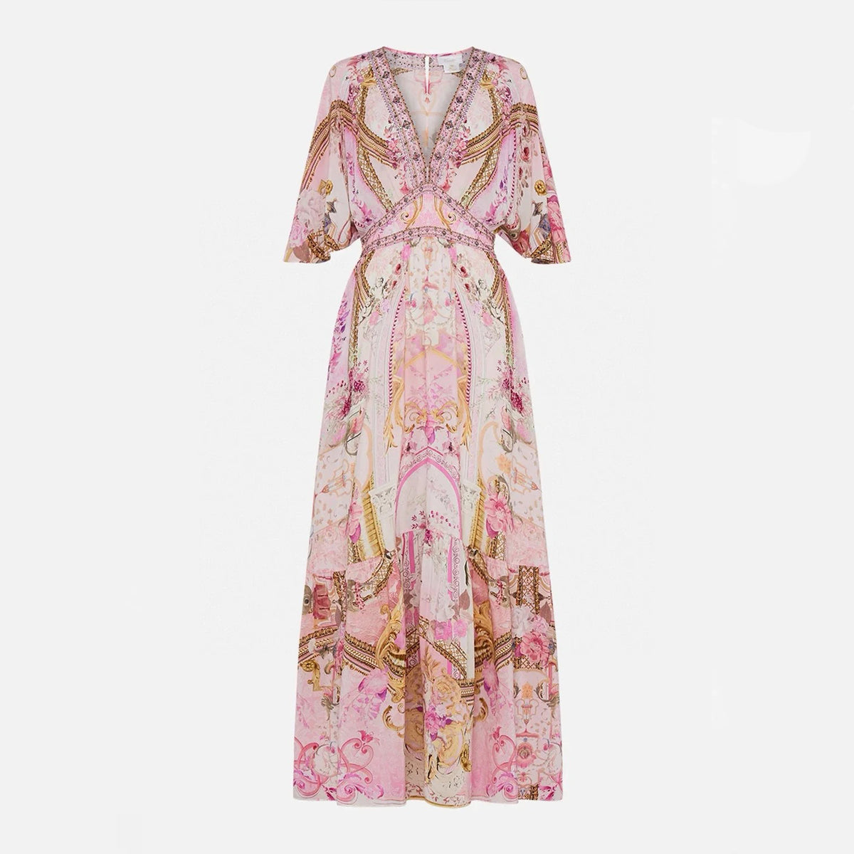 Camilla Women's Summer Fashion Pink Flower Silk Print Bohemian Diamond Slim V-neck Long Sleeve Dresses Ngvp #8783