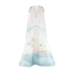 Zimmermann Women's Summer Solid Color Seascape Pattern Printed V-neck Sleeveless Long Dress #77342