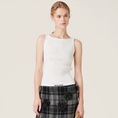 MiuMiu Women's Embroidered Knit Tank Top Vertical Stripes Soft Stretch Simple White Vest Tank T-Shirt #193206