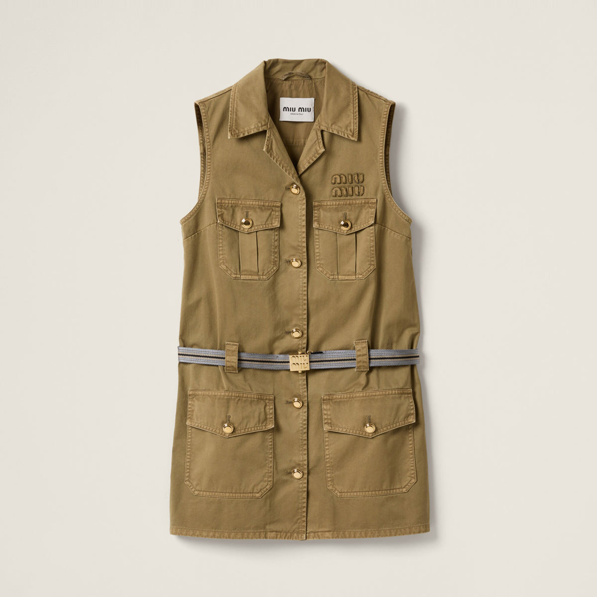 MiuMiu Women's Summer Solid Colour Letter Pocket Drawstring Waist Sleeveless Single Breasted Dress #76753