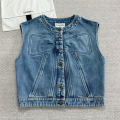 Chanel Women's Spring/Fall Casual Solid-Color Cotton Crew Neck Bow-Detail Denim Sleeveless Vest Ngvp #2591
