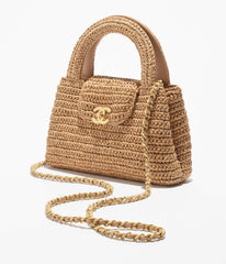 Chanel Mini Shopping Bag Braided Raffia Gold Tone Metal Dark Beige Stylish Knitted Clutch Bag Exquisite Handbag  #82382A