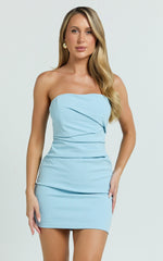 Junaidah Mini Dress - Strapless Ruched Dress in Blue