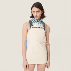 MiuMiu Women's New Spring/summer Ecru Embellished Canvas Apron Dress Hand-beaded Tailored Sleeveless Fitted Dress Lady #84446A