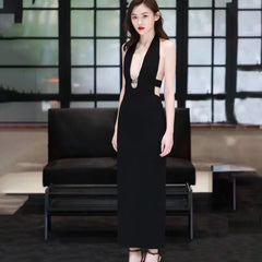 Saint Laurent  Women's Spring And Summer Black V-neck Long Temperament Luxury Sexy Crystal Decoration Backless Dresses  Ngvp #8795