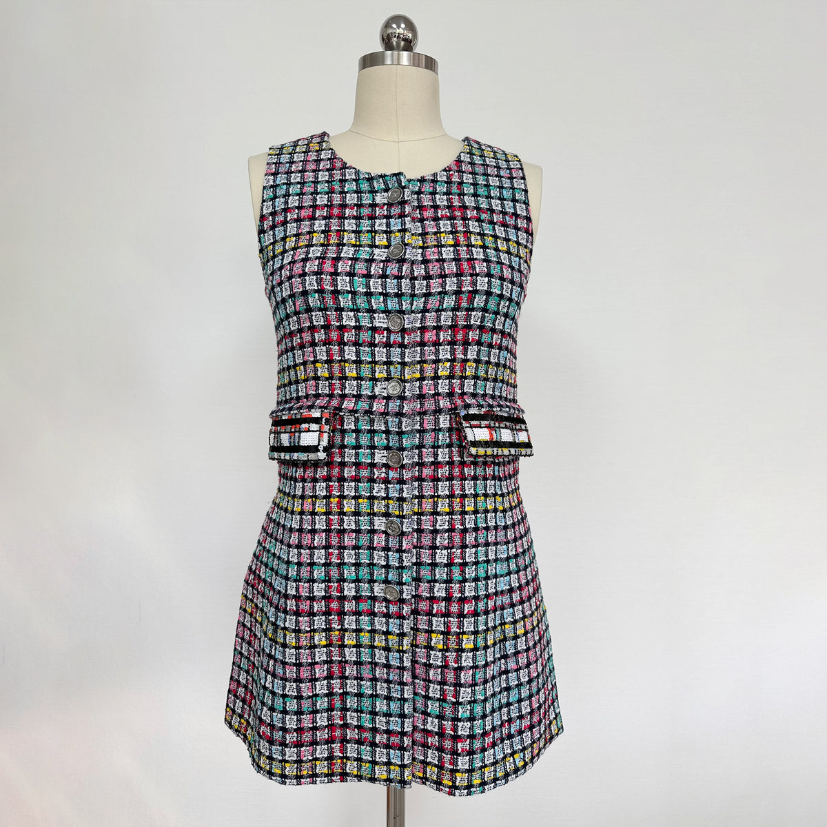 Chanel Women's Colorful Plaid Dress Spring And Summer Sleeveless Tweed Skirt Top Lined 100% Silk Fashion Temperament Dresses Ngvp #9992