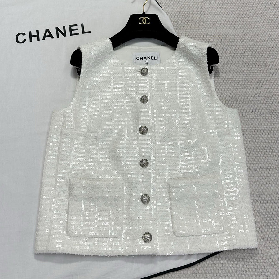 Chanel Women's Spring And Autumn Beaded Solid Color Single-Breasted Fitted Sleeveless Sequin Vest Jacket Ngvp #1668