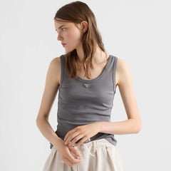 Prada Women's New Arrival Cement Gray Cotton Tank Top Soft Cotton Jersey Knit Fabric Stylish And Classic Sleeveless Tank Top Lady Vest #196985
