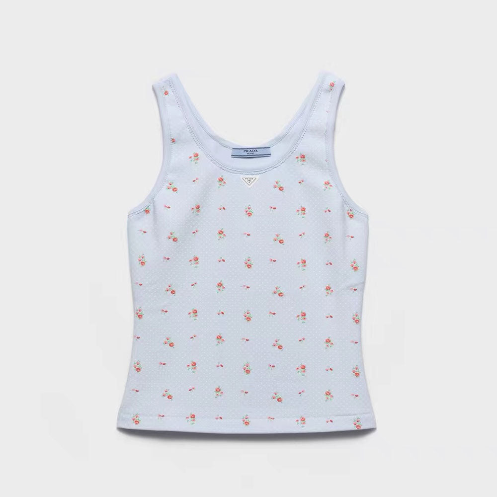 Prada Women's Spring And Summer Blue Floral Vest Lightweight Breathable Fashionable Casual Simple Sleeveless Vest Lady #195332
