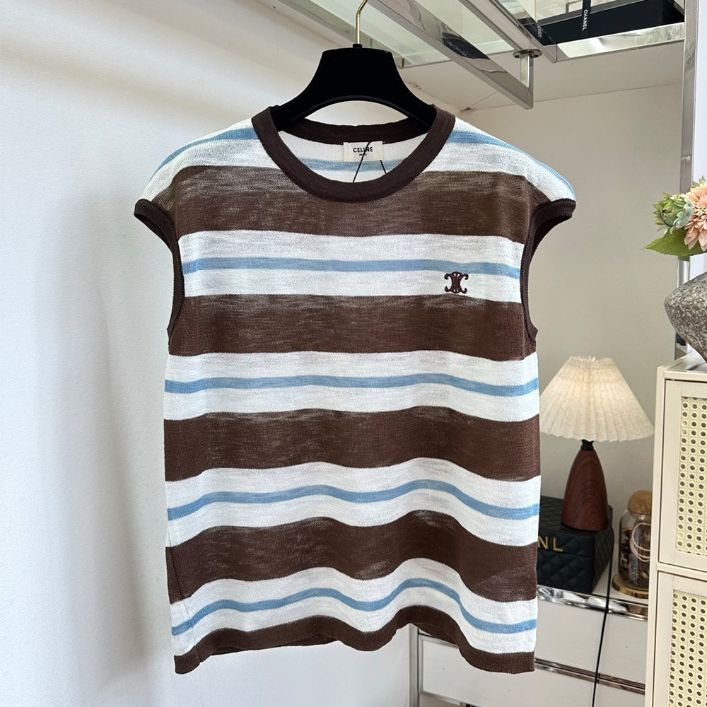 Celine Women's Spring/summer Brown And Blue Striped Sleeveless Knitted Top Stylish Casual And Elegant Cropped Top Vest Lady #197272