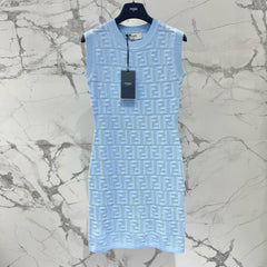 Fendi Women's Spring/Summer Solid Color Monogram Printed Round Neck Knit Sleeveless Dresses #72621