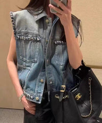 Chanel Women's Summer Fashion Casual Denim Collared Single-Breasted Sleeveless Top Vest #78486