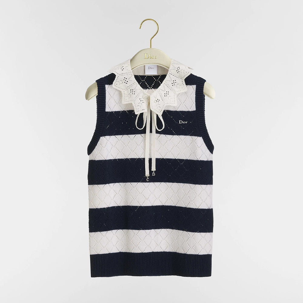Dior CD 26S Openwork Knit Tank Top Black And White Striped Diamond-patterned Openwork Jacquard Tank Top With Oversized Collar And Bow Lady Vest #196627