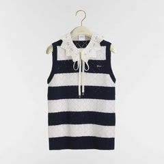 Dior CD 26S Openwork Knit Tank Top Black And White Striped Diamond-patterned Openwork Jacquard Tank Top With Oversized Collar And Bow Lady Vest #196627