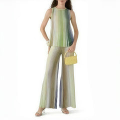 Missoni Women's Spring And Summer Fashion Elegant Colorful Striped Golden Silk Knit Clashing Sleeveless Vest T-shirt Casual Pants Set Suit Ngvp #1758