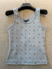 Prada Women's Spring And Summer Blue Floral Vest Lightweight Breathable Fashionable Casual Simple Sleeveless Vest Lady #195332