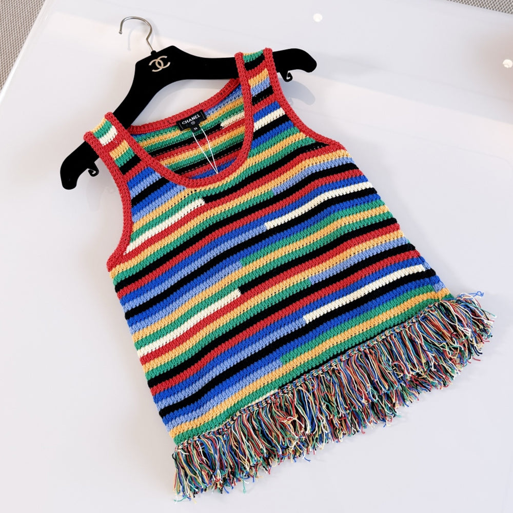 Chanel Women's Spring/summer 2026 New Arrival Casual Holiday-style Colour-block Striped Knitted Tank Top With Fringed Hem In Rainbow Colours Lady Vest #84326A