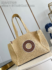 Louis Vuitton ONTHEGO Women's Solid Color Letter Logo Leather Patch Natural Raffia Shopper Handbag Tote Bag Bags #75397