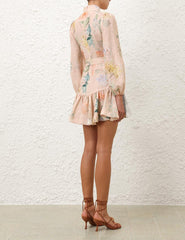 Zimmermann Women's Summer Floral Print Drawstring Mini Ruched Skirt Long Sleeve Dresses #76668