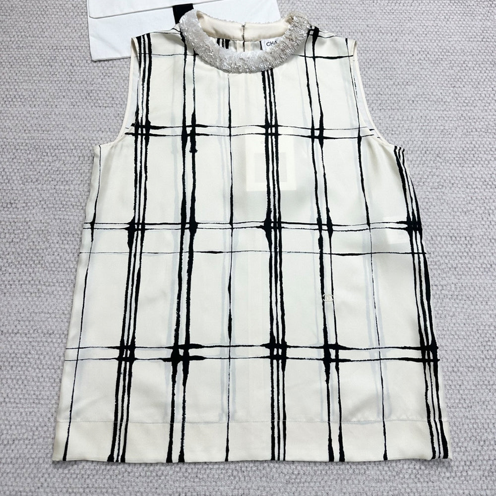 Chanel Top-quality Version Top Printed Silk Ecru Black Women's  Spring/summer Mid-length Crew-neck Vest Top Lady #84398A