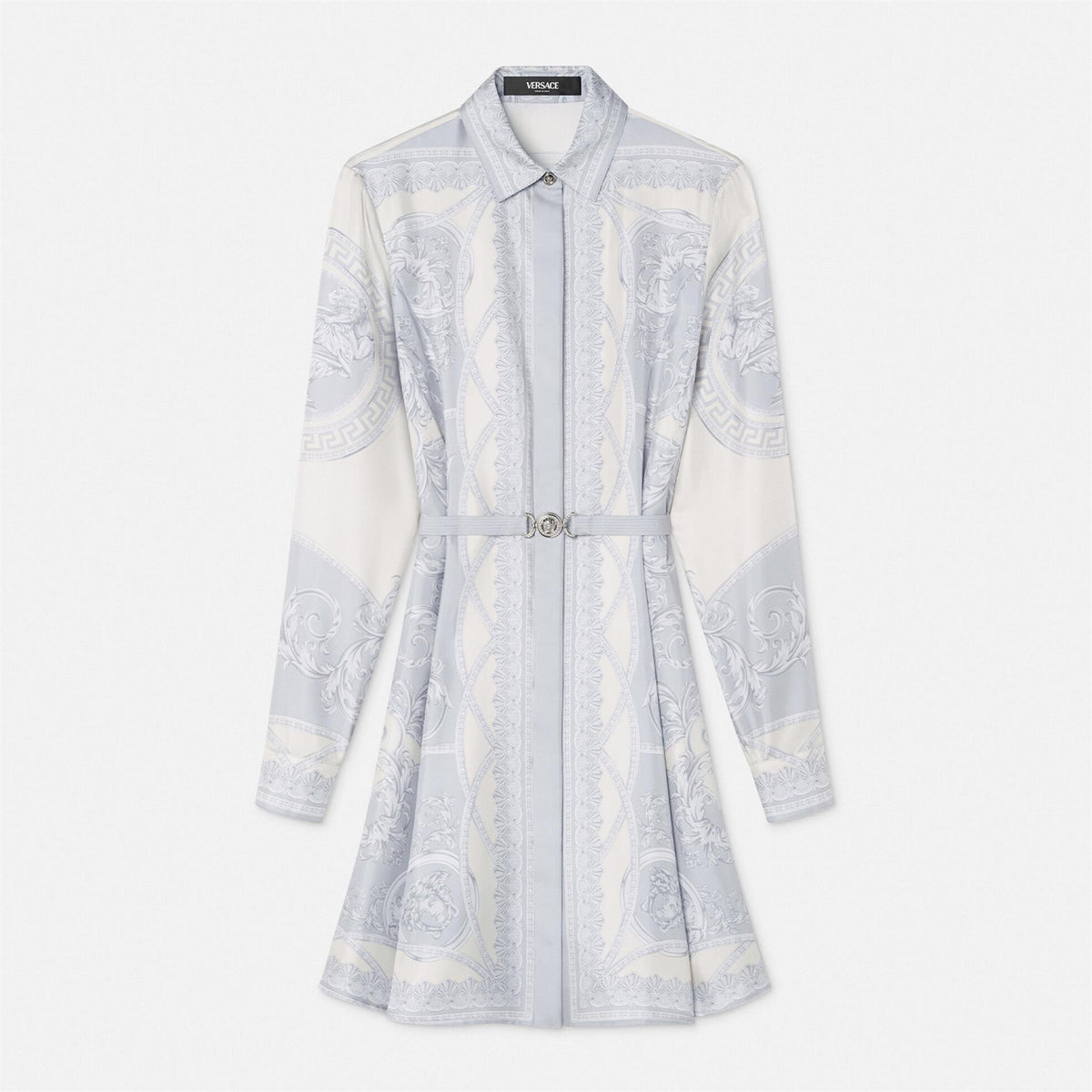 Versace Women's Summer Flip Ancient Greek Floral Pattern Long Sleeve Tunic Silk Dress #75227