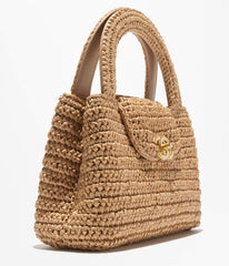 Chanel Mini Shopping Bag Braided Raffia Gold Tone Metal Dark Beige Stylish Knitted Clutch Bag Exquisite Handbag  #82382A