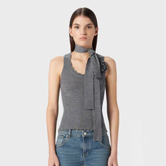 Blumarine Women's Spring And Autumn Round Neck Floral Chest Pin Solid Color Long Sleeve Wool Knit Vest Ngvp #9585