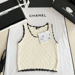 Chanel  26p Women's Spring/summer Holiday-style Openwork Knitted Colour-blocked Lace-trimmed Tank Top Vest Lady #82926A
