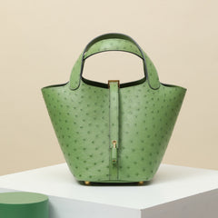 Hermes Picotin Lock CL18 Silver Buckle Ostrich Leather 80 Pearl Gray Cabbage Basket Bucket Bag Tote Women's Elegant Banquet Bags Ngvp #2431