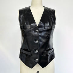 Chanel Women's Spring/Fall Fashion Classic Solid Color V-Neck Single Button Leather Top Vest #78488